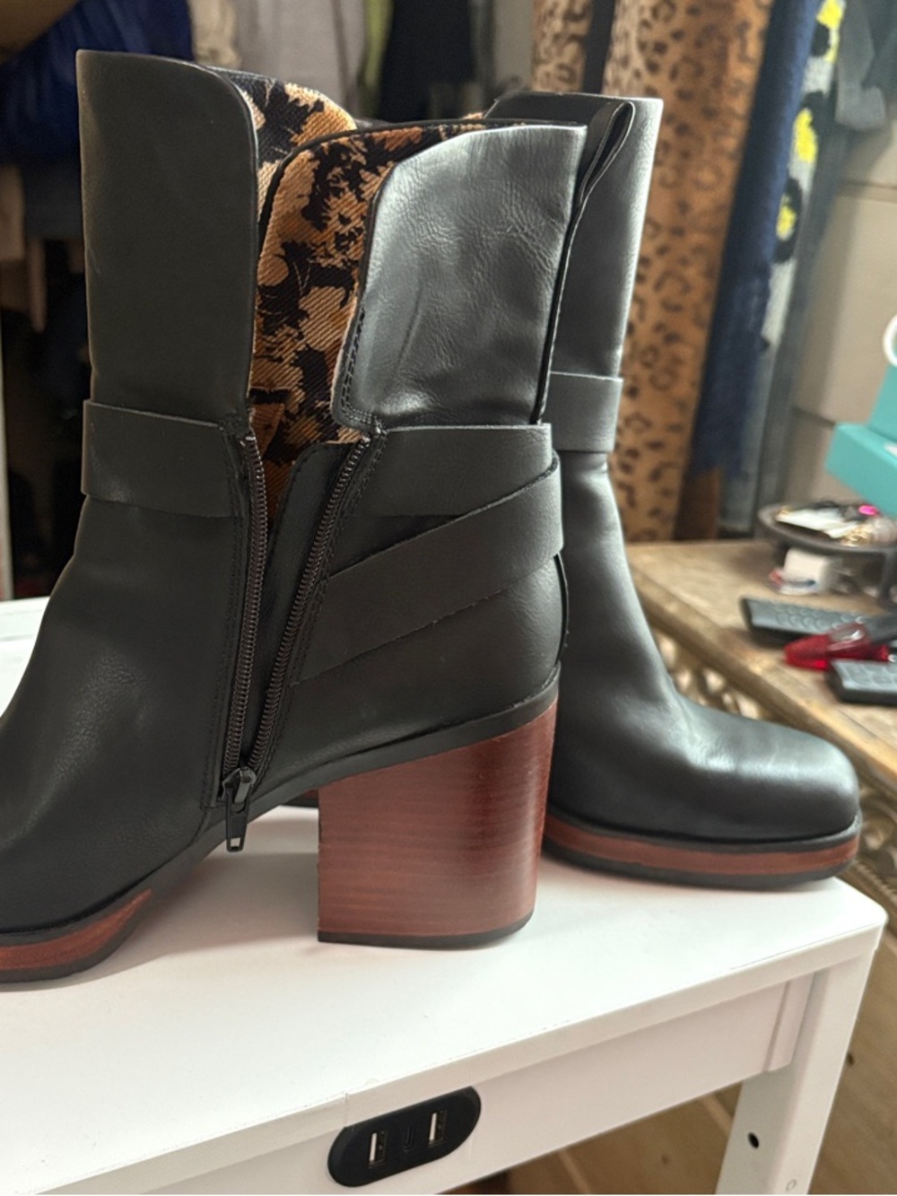 Kork-Ease Black Leather Ankle Boots with Brown Stacked Heel